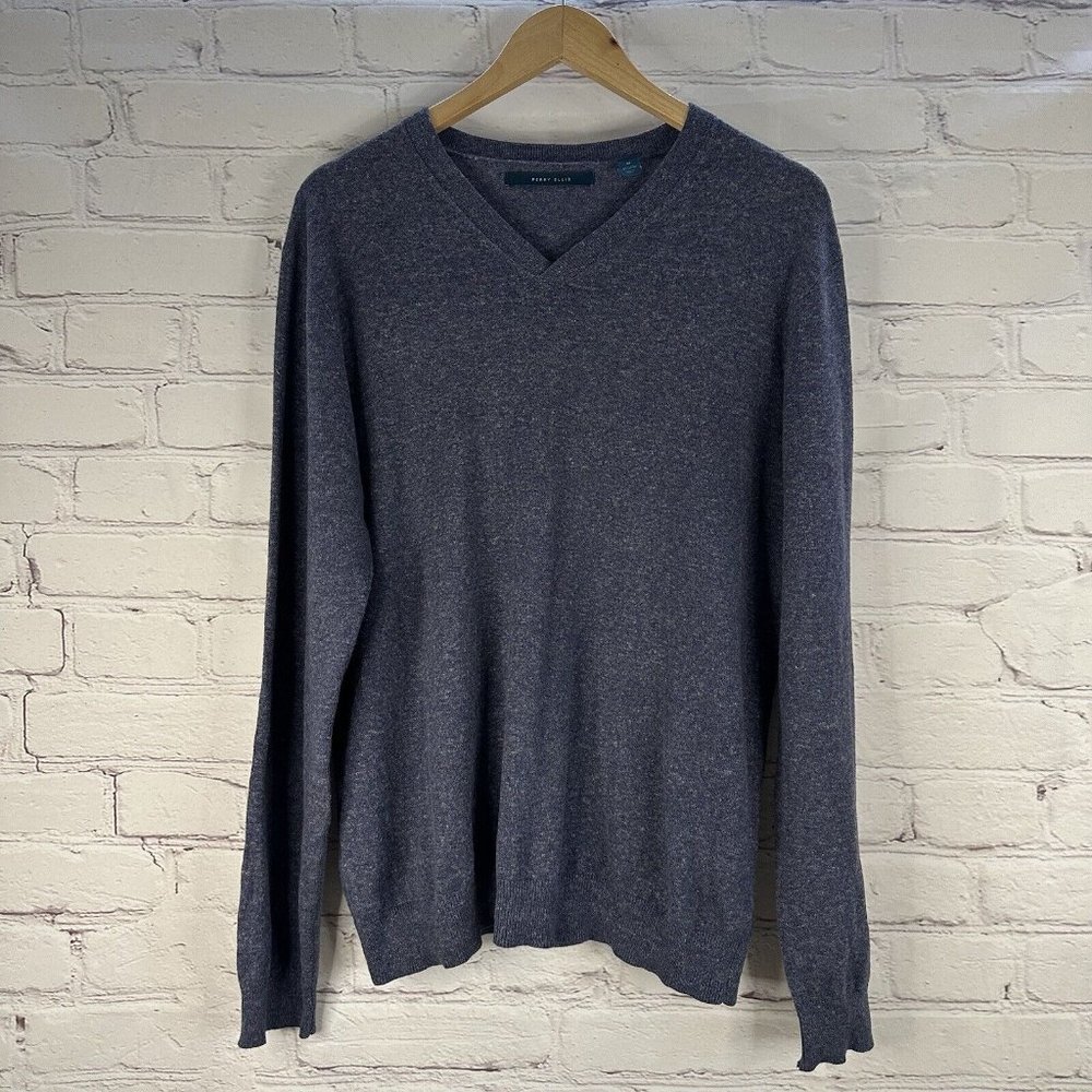 Perry Ellis Blue Heather Linen Cotton Blend V Neck Sweater Men’s Medium